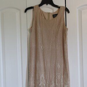 Onyx Nite By Wendye Chaitin Beautiful Beige and Gold Metallic Dress Fringe sz 12